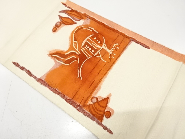 手織り紬　鳥に木の葉模様織り出し　名古屋帯